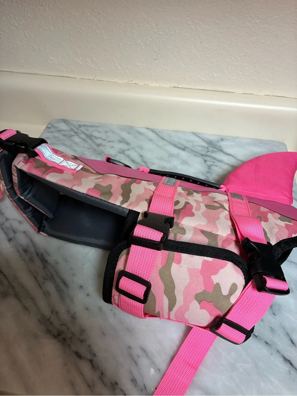 Pink Camo Dog Life Jacket with Handle and shark Fin